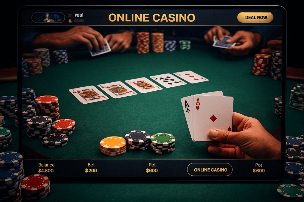 Online casino interface with poker cards and chips showing real player action.